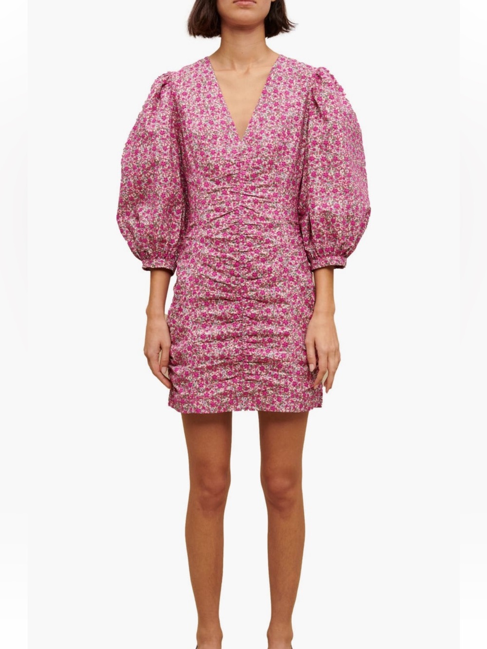 NWT Maje Ryad Floral Puff Sleeve Cotton Ruched Mini Dress Pink French 34 US XS